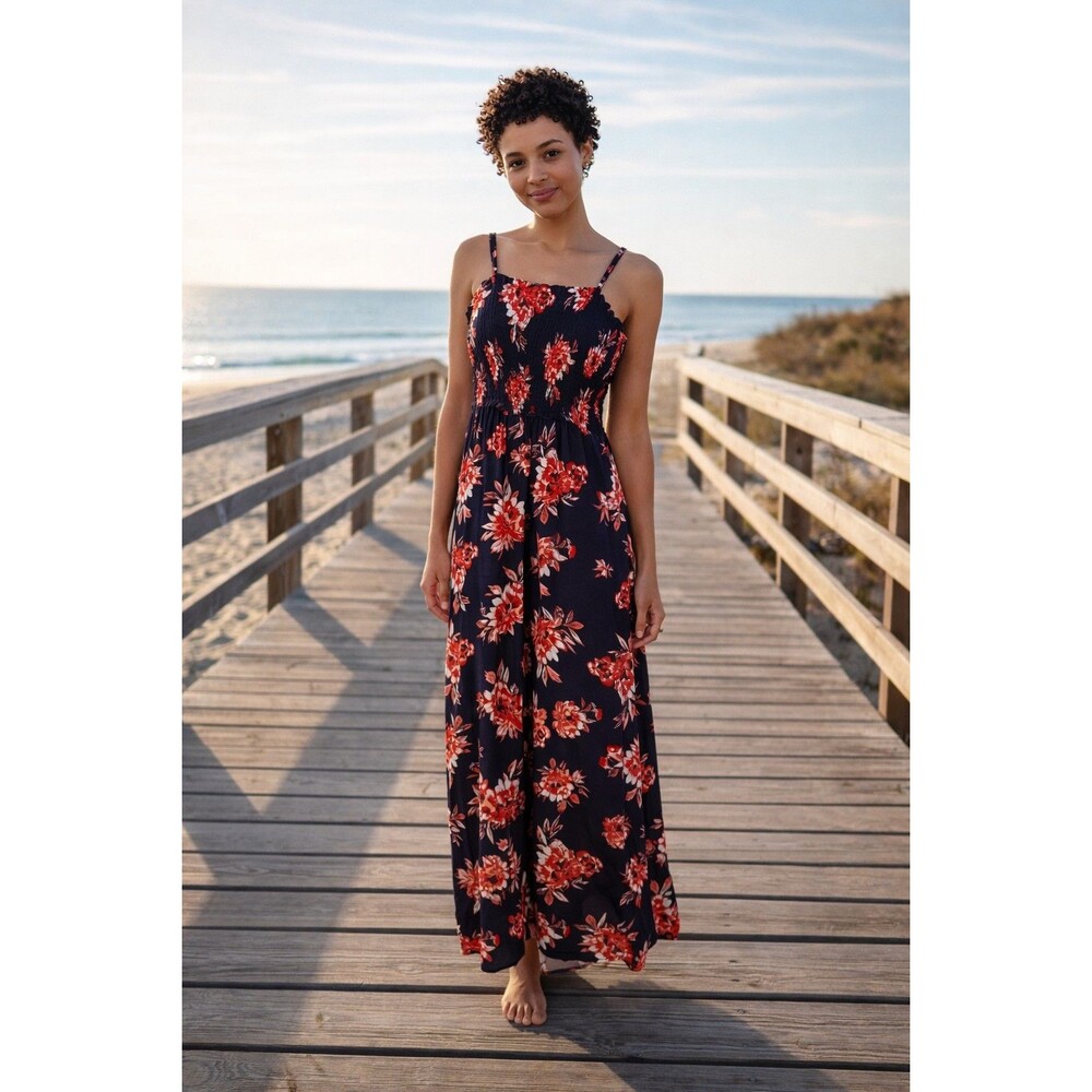 Pacific Vibes Maxi SunDress Size XL Black Red Slits Smocked Spaghetti Straps